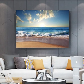 Модерен Прост Nordic Seaside Sunrise Beach Sea Scenic Платно Живопис Маслени Бои Poster Modern Wall Art Picture Home Decor