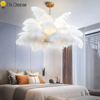 Модерни, чисти страусиные пера висящи лампи таван LED окачен лампа декор на спалнята декорация на хола ресторант висящи лампи