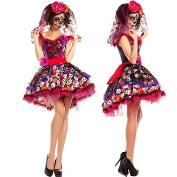 Морден Хелоуин Пурим костюм за парти жена възрастен страшно чудовище, Демон на черепа на скелет костюми къса поличка обличам рокли за жени