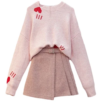 Морската стила на свободни плетене на сърцето Pattern пуловер топ + колан вълна a-line мини-дамски Модни 2 бр. комплект розова пола с набор
