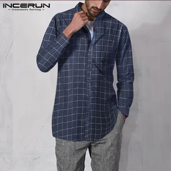 Мъжете каре риза с дълъг ръкав щанд яка блуза INCERUN човек бутона мода Camisa ежедневни дишаща ризи Masculina 5XL