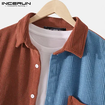 Мъжете риза рипсено Кадифе мозайка с дълъг ръкав отличителни джобове 2021 градинска ежедневни блузи есен бутон Camisa Masculina S-3XL INCERUN