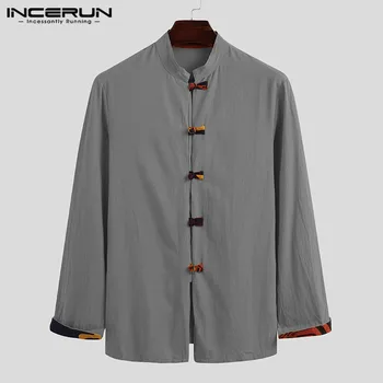 Мъжка риза градинска памук щанд яка с дълъг ръкав Camisa Vintage Tang костюм мъжки есен китайски стил ежедневни ризи INCERUN