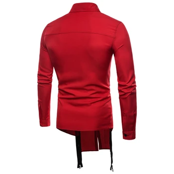 Мъжка риза мода личност мъжки ежедневни тънка риза с дълъг ръкав риза черно червено мъжка риза с двойна светкавица завърши ризи