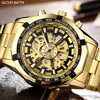 Мъжки автоматични механични часовници луксозни светещи Златни скелет от неръждаема стомана спортни часовници за мъже, Подаръци relogio masculino