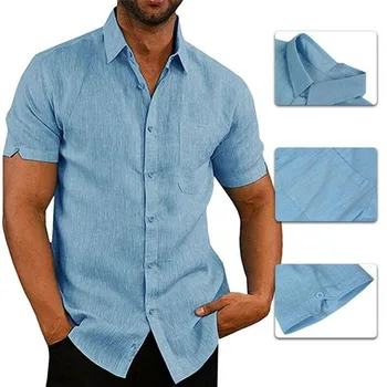 Мъжки Бельо Блуза С Къс Ръкав Широки Копчета Летни Твърди Удобни Чисти Памучни И Ленени Ежедневните Свободни Празнични Ризи, Тениски, Потници