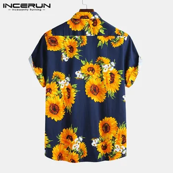 Мъжки ежедневни хавайски ризи с флорални принтом памучни хавлии за плаж, блузи с къс ръкав градинска дрехи летни дишаща тениска с ревери 2021 INCERUN