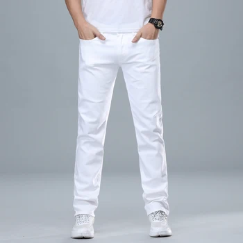 Мъжки класически редовни директни фини бели дънки бизнес мода, дънкови и ежедневни високо качество участък памук панталони Марка панталони