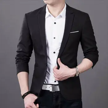 Мъжки корейски Slim Fit мода един памук блейзър яке черно синьо плюс размер M до 3XL мъжки якета, Мъжки палта сватба