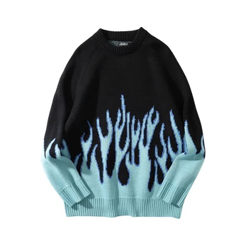 Мъжки пуловер градинска ретро пламък шаблон хип-хоп есен нова Pull Over Спандекс О-образно деколте Oversize чифт ежедневни мъжки пуловери