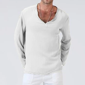 Мъжки ризи с дълъг ръкав бельо Vogue тениска памук хипи риза, V-образно деколте плаж топ ежедневни твърди мъжки тениски plus размер 2XL 8J1717