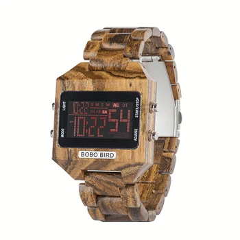 Мъжки часовник BOBO BIRD многофункционални led електронни часовници луксозна марка цветен цифров дисплей датата на дървен каишка подарък бамбук кутия
