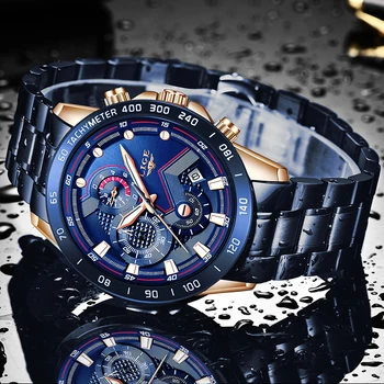 Мъжки часовник LIGE Top Brand Luxury Хронограф часовник на китката всички стоманени часовници за мъже, водоустойчиви кварцов часовник Relogio Masculino