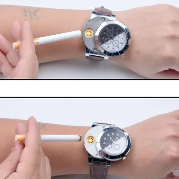 Мъжки часовник запалка цигара кварцов часовник акумулаторни USB Мъжки кварцов часовник ветрозащитная беспламенная цигара Лигтер