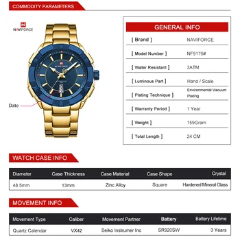 Мъжки часовници Топ луксозна марка NAVIFORCE злато син на Литър мъжки часовници е от неръждаема стомана водоустойчив часовник дата Relogio Masculino