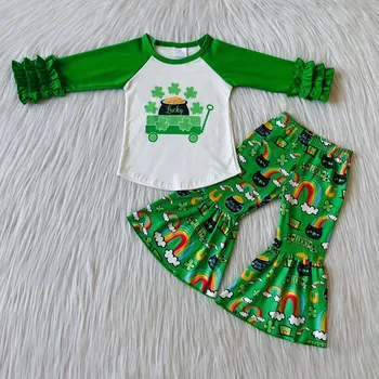 На едро бутик St Patrick ' s Day Baby Girl Clothing Set риза с дълги ръкави и рюшами зелени трилистники панталони Детски дрехи облекло