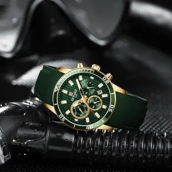 Награда за мода на зелено през цялата кварцови часовници със силиконова лента календар на дисплея 3 под циферблат Водоустойчив Светещи стрелки Montre Homme