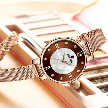 Наградата е топ марка луксозни кварцов часовник прост дизайн, луксозен подарък каишка от неръждаема стомана изогнутое лицето син RoseGold часовници за жени