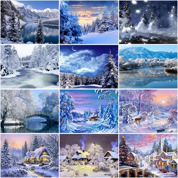 Направи си САМ 5D Диамант живопис зима сняг пейзаж Диамант бродерия пълен кръг планински кристал, мозайка къща пейзаж кръстат бод декор