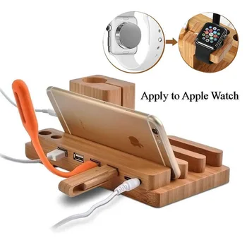 натурални дървени настолен USB 4 port хъб, зарядно устройство, зарядно устройство Държач телефон за Apple Watch Pad смартфон няколко устройства