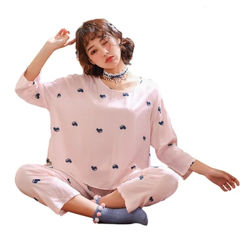 Начало служба пролет и есен памучни пижами женски костюм лятото XL с дълъг ръкав тънък кръгъл отвор шарени, сексуална нощен прибори пижами