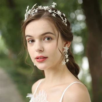 Нежен сребърен цвят Звездата на сватбената Корона на сватбени коса диадема с обеци на жените Рожден Ден диадеми аксесоари за коса
