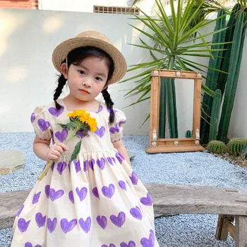 Нов 2020 годишният корейски стил новородените момичета обичам печатни рокля сладък Puff ръкав деца деца квадратен яка рокля
