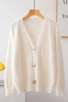 Нов demisezonnyj жилетка вязаное палто на жена свободни V-образно деколте однобортный пуловер копчета дами корейски пухкави черно oversize