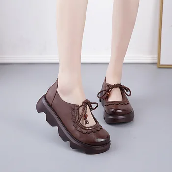 Нов етнически стил, ръчно изработени от телешка кожа Обувки 2020 Пролет комфорт на меките женски плоски обувки нескользящие ретро Ежедневни обувки жена
