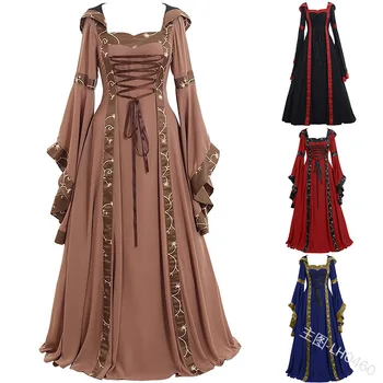 Нов качулка средновековна рокля, костюм за жени макси рокля Възраждането Кралицата на cosplay дълга рокля жени ретро необичайни дрехи Хелоуин 5XL