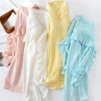 Нов лесен Пролет креп памук нощница жени е чист цвят дълги ръкави, нощни ризи, дамски пижами нощница