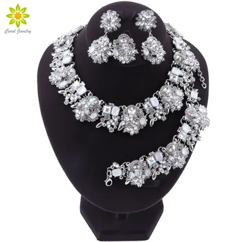 Нов луксозен Crystal изявление огърлица, обеци, гривна, пръстен набор от AB цвят на бижута индийски булчински бижута