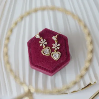 Нов модерен марка нежни бижута 14К истинско злато цвете обеци розово за жени AAA Циркон CZ сърцето обеци
