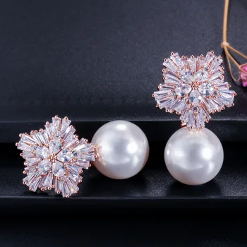 Нов модерен цирконий слънцето цвете коледни обеци голям спад бели перли обеци за жени, мода бижута сватба 2019