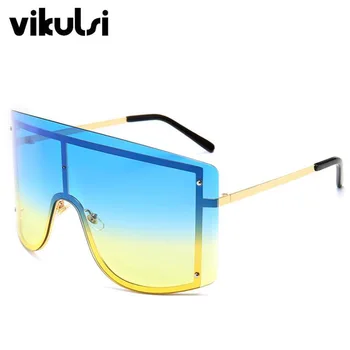 Нов мъжки извънгабаритни наклон слънчеви очила Моден дамски слънчеви очила метална рамка Жени Маска стил щит модни слънчеви очила с UV400