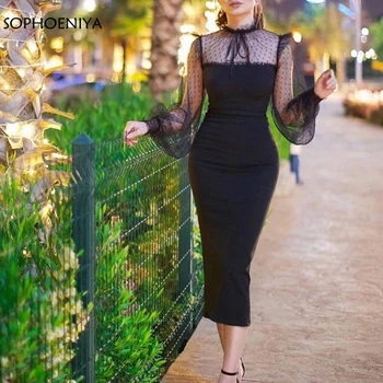 Нов прием с дълъг ръкав вечерни рокли abendkleider 2021 висока врата черно кратко вечерна рокля плюс размер Vestidos elegants
