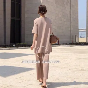 Нов пристигане 2020 лято Корея 2 бр. комплект дрехи жени луксозни трикотажни облекла потник + стягам елегантен свободни дълги панталони, трикотажни