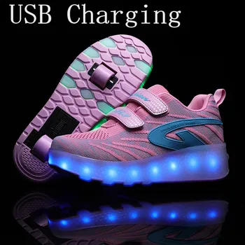 Нов розов USB зареждане на мода момичета момчета led ролкови кънки обувки за деца, Бебешки маратонки с колела две колела