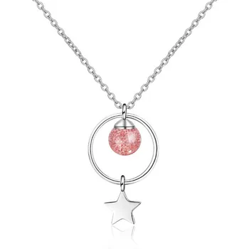 Нов свеж и прекрасен петолъчна звезда кръг 925 сребро, бижута сладки ягоди розови кристали, висулка колие H421