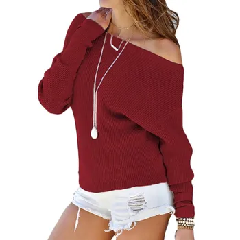 Нов секси 2019 пуловер с открити рамене женски случайни свободен обикновен дълъг ръкав прилеп пуловери вязаный пуловер, жилетка плюс размер