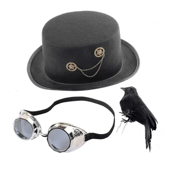 Нов унисекс хеви-метъл музикален фестивал цилиндър карнавал ретро готически steampunk cosplay Черна джаз шапка с овца очила