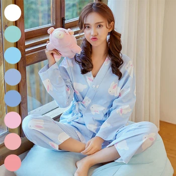 Нова мода жените печат сладък женски дълъг ръкав кимоно пижами и комплекти топли дамски пижами V-образно деколте Японски стил на дрехи за дома