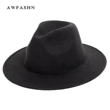 Нова мода плътен цвят на козината Fedora Есен Зима дамски фетровая шапка мъжка вълна Джаз Top Hat дами стари класически голям е размерът на човек