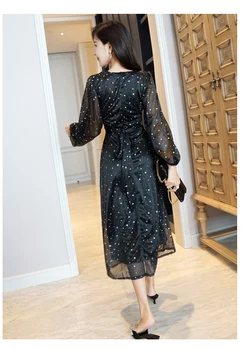 Нова пролет V-образно деколте bling dress woman long sleeve causal show slim long-Sleeve-секси дълга черна рокля фенер ръкав