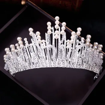 Нова реколта многослойни луксозни сребърни на цвят Кристали, перли Корона диадема сватбени аксесоари за коса сватбена украса на партията големи превръзки
