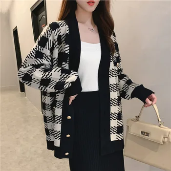 Нови дамски възли дълги жилетки мода Хаундстут каре плетене на блузи корейски стил зимата дебел пуловер жилетка