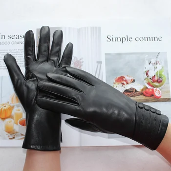 Нови Дамски черни кожени ръкавици, модерни къси фалшив заек кожа подплата копчета стил овча кожа ръкавици за да се топлят през зимата