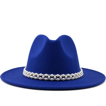 Нови жени вълна Fedora шапка с перлената лента джентълмен елегантна Дама Зима Есен широка периферия Църква Панама сомбреро момиче Джаз Cap