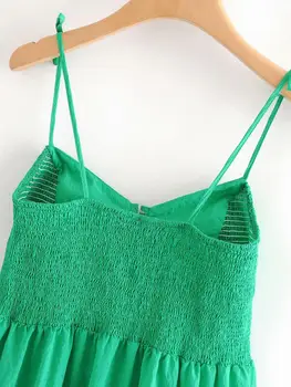 Нови жени мода плътен цвят еластичен нагънат зелен прашка рокля за дамите спагети каишка накъдрен vestidos шик midi рокли DS4048