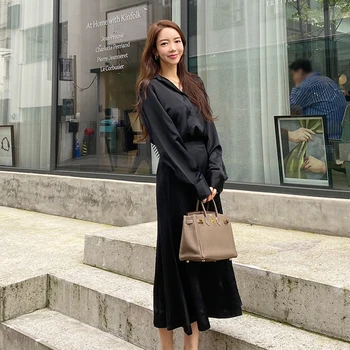 Нови пристигането на есента дамска мода пола, рокля с дълъг ръкав свободни и секси блуза, дълга пола, елегантен корейски pr офис Дама костюм